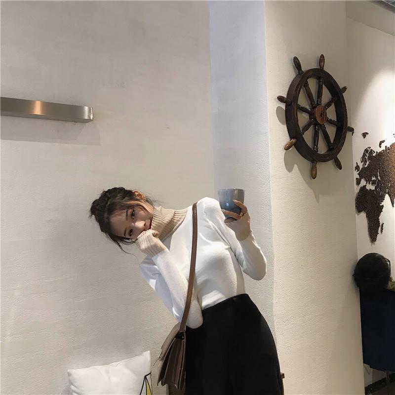 Pofulove  Version of The Turtleneck Contrast Color Long-sleeved with Knit Winter Sweater Student