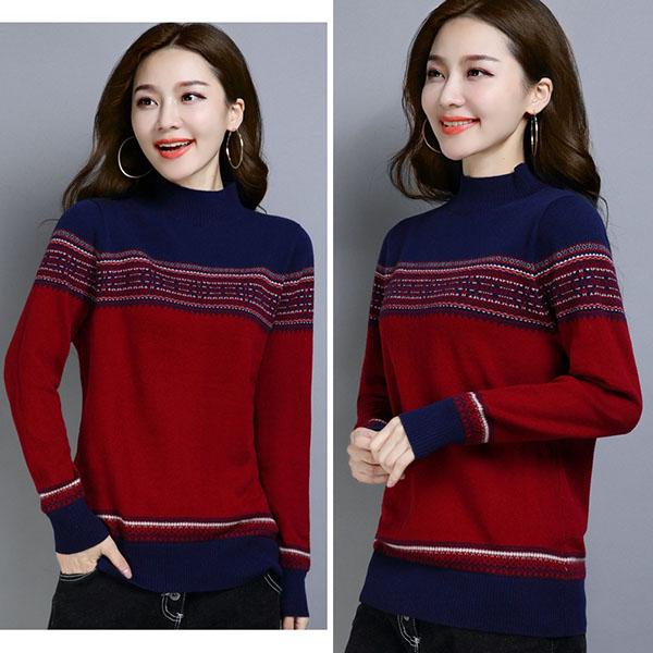Vintage Printed Sweater Women High Neck Sweater National Style Clothes Knitted Bottoming Shirt Loose Short Sweater Top