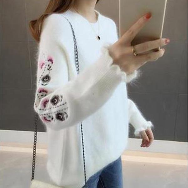 Round Neck Embroidered Top Loose Casual Long-sleeved Sweater All-match