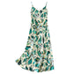 Female Green Leaf Print Satin Suspender Dress Vintage Elegant Slim Backless Long Holiday Dress