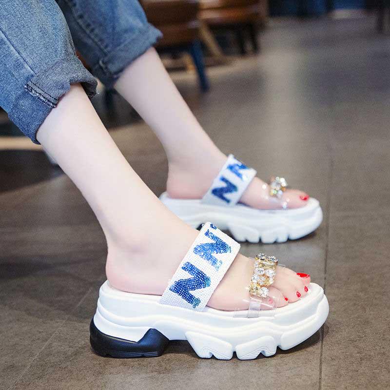 Size 35-39 Summer Women Shiny Slippers Bohemian Beach Wear-resistant Non-slip Slippers Wedge Platform Rhinestone Sandals Outdoor Crystal High Heels