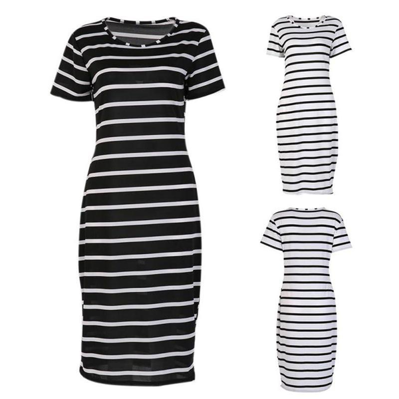 Fashion S-3XL Maxi T Shirt Women's Cute White and Black Strips Loose Tops Dress
