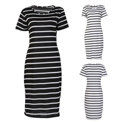 Fashion S-3XL Maxi T Shirt Women's Cute White and Black Strips Loose Tops Dress
