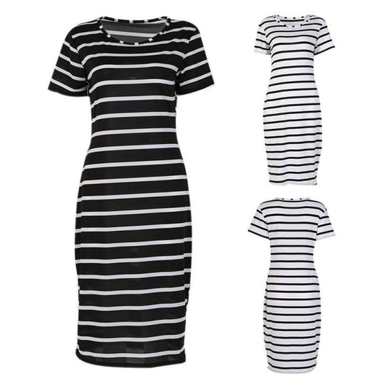 Fashion S-3XL Maxi T Shirt Women's Cute White and Black Strips Loose Tops Dress