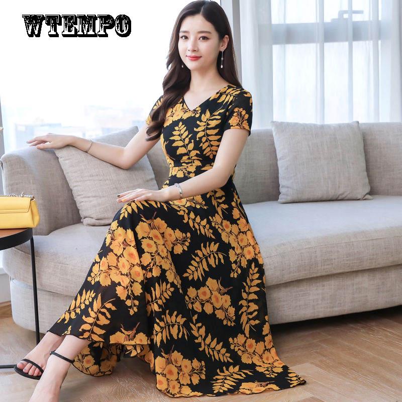 Summer Round Neck Short-sleeved Dress Floral Dress Over The Knee Loose and Thin