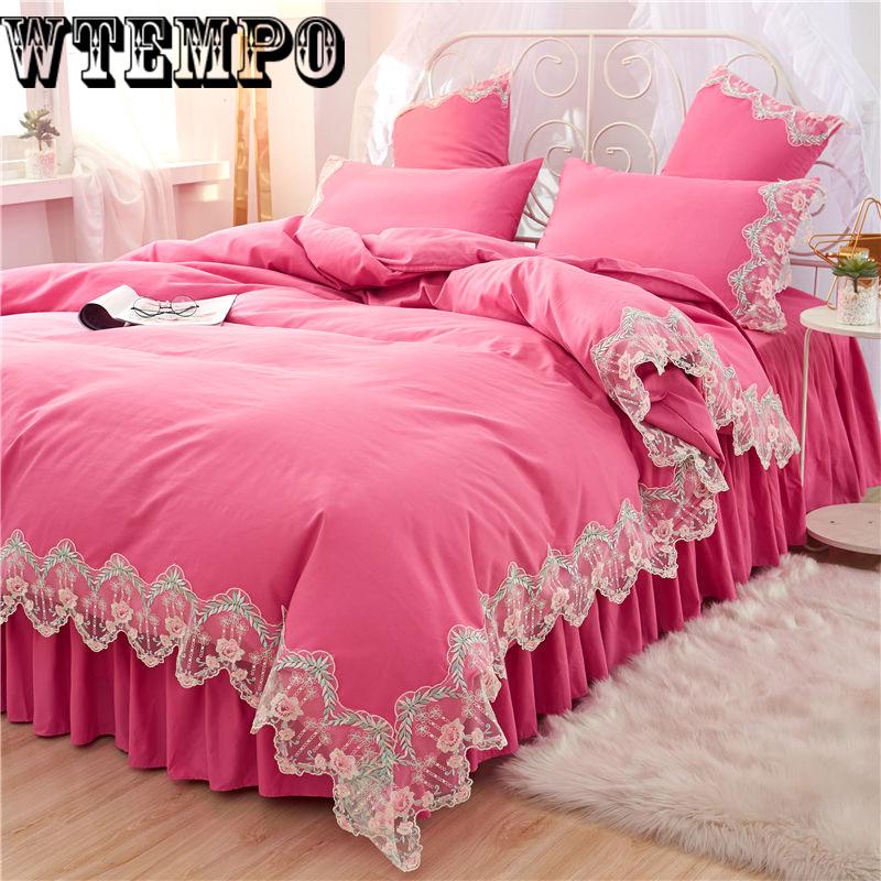 Quilted suit bed skirt four-piece lace quilt cover solid color princess wind comfortable soft cotton