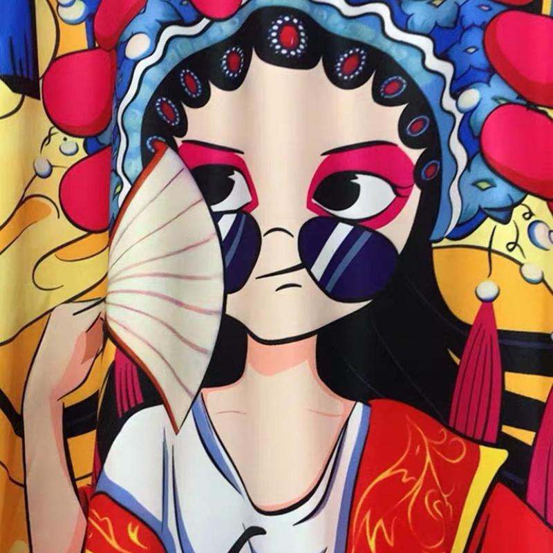 Peking Opera Facial Makeup Summer Dress Knee-length Size M-XXL Chinese Style Print Dress