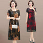 XL-XXXXXL Plus Size Printed Round Neck Thin Chiffon Short Sleeve  Over-the-knee Dress Mom A-line Skirt