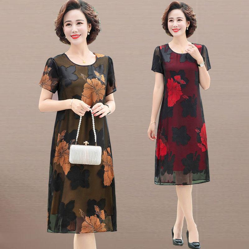 XL-XXXXXL Plus Size Printed Round Neck Thin Chiffon Short Sleeve  Over-the-knee Dress Mom A-line Skirt