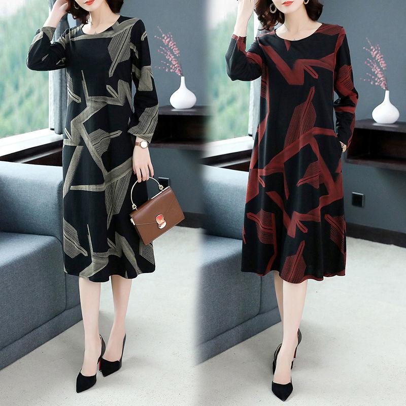 Large Size Long-sleeved Dress Women Spring and Autumn Mid-length Over-the-knee Bottoming Skirt Round Neck Print