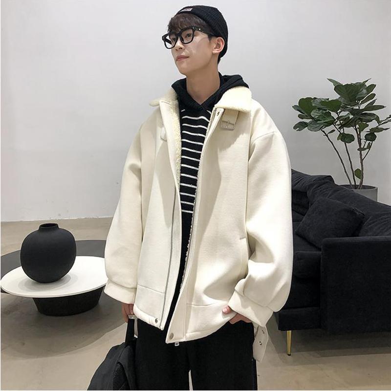 Winter Artificial Lamb Wool Cotton Clothing Men's Loose Plus Velvet Thick Solid Color Warm Jacket Men's Stand Collar Zipper Cotton Clothing