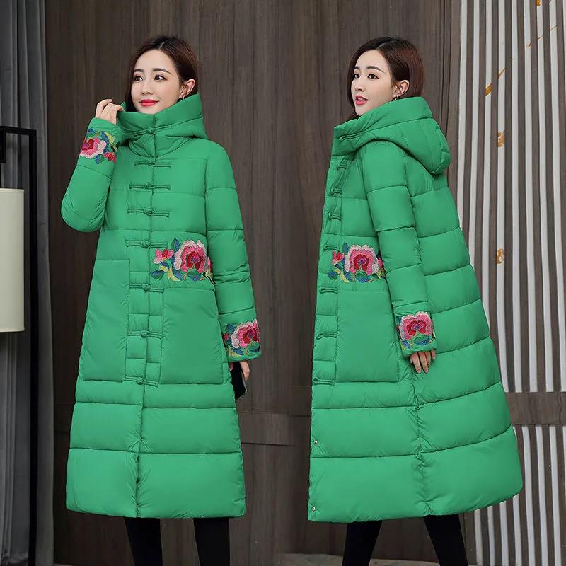 Winter Women's Ethnic Embroidery Down Jacket Mid-length Retro Buckle Hooded Cotton Jacket