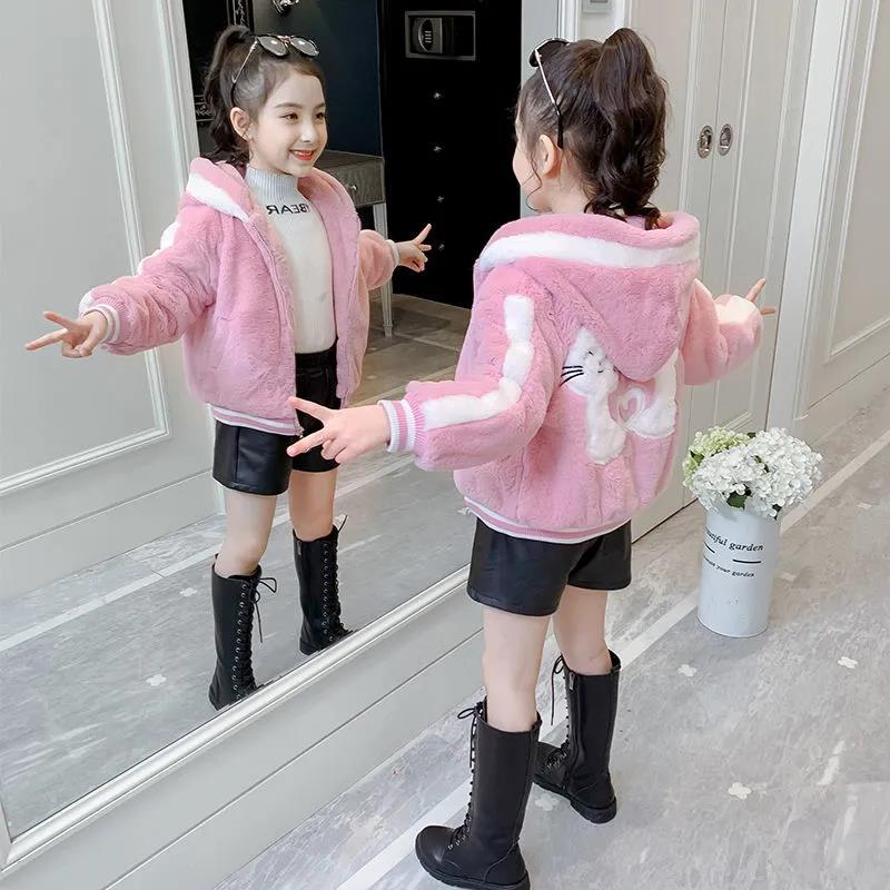 Girls' Autumn Winter Jacket Fashion Hooded Printing Pattern Thick Warm Coat Mink Velvet Cotton Coat Middle Children's Coat