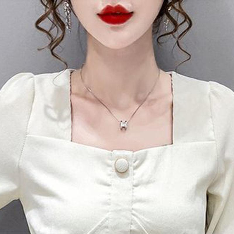 Women's Spring and Autumn Long Sleeve Square Collar Loose Solid Color Short Top