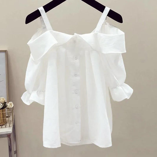 Sling One-shoulder Blouse Women's Ruffled Mid-sleeve Off-shoulder Shirt Chiffon Shirt Off-shoulder Sling Shirt Sweet and Cute