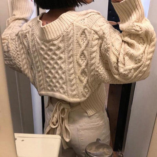 Autumn and Winter Women's Loose Thick Sweater V-neck Back Strap Long-sleeved Sweater Women Short Twist Knit Pullover Sweater Crop Tops