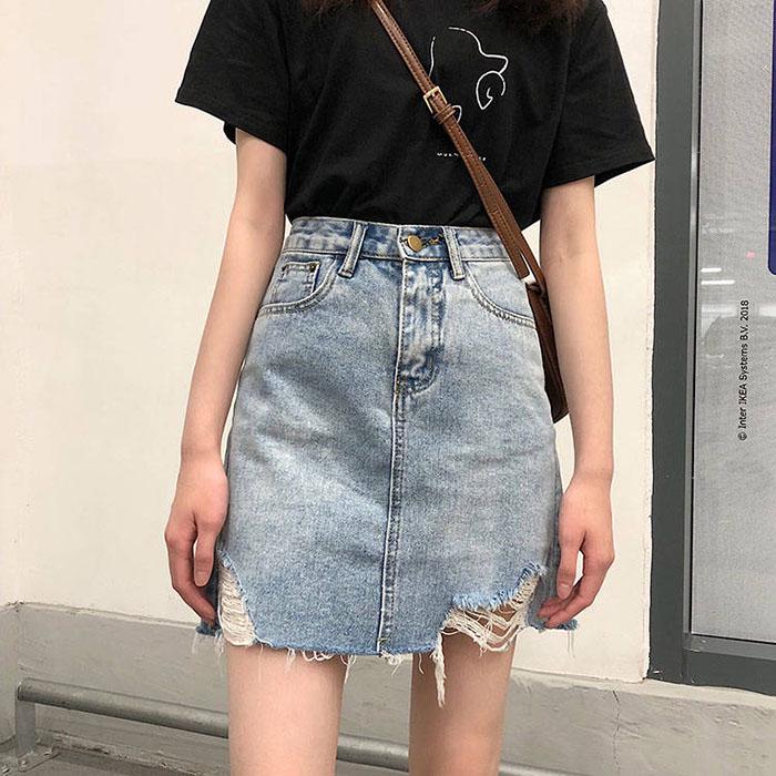 Women Anti-light Ripped Denim Skirt High Waist Slim Package Hip Skirt Mini A-line Skirts