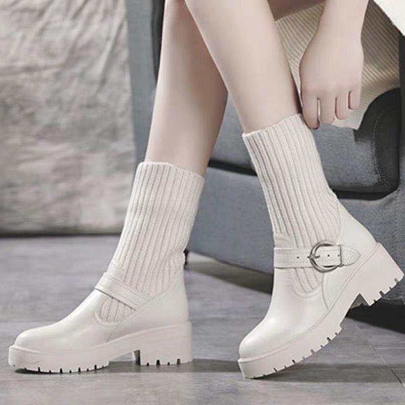 Female Socks Stitching Leather Martin Boots All-match Student Block Heel Ankle Boots British Style Snow Boots Black and White