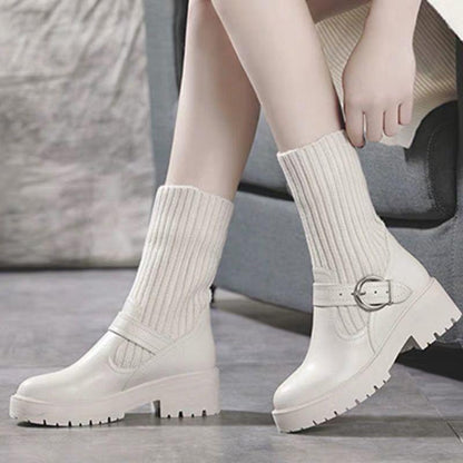 Female Socks Stitching Leather Martin Boots All-match Student Block Heel Ankle Boots British Style Snow Boots Black and White