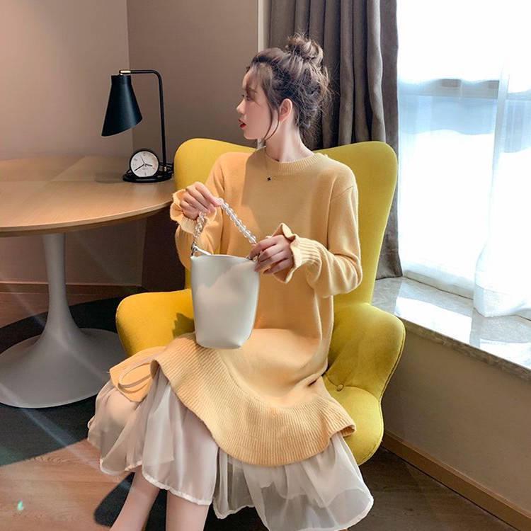 Pofulove 5 Colors Women Charm Sweater Dress Long Section O-neck Chiffon Lace Knitted Skirt Pullover