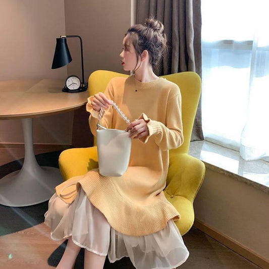 Pofulove 5 Colors Women Charm Sweater Dress Long Section O-neck Chiffon Lace Knitted Skirt Pullover