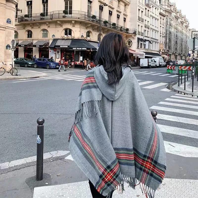 Ethnic Style Travel Outside with Shawl Cloak Female Autumn and Winter Thick Warm Red Shawl Windproof Buckle Hooded Cloak