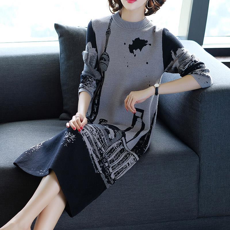 Autumn winter fashion long printed sweater dress long-sleeved pullover knitted dress female knitwear bottoming or outer wear