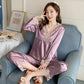 Women's Long Sleeve Silk Polyester Pajamas Spring Autumn Sexy Ladies Ice Silk Thin Lace Homewear Set Loose Breathable Pyjamas Solid Glossy Nightgowns