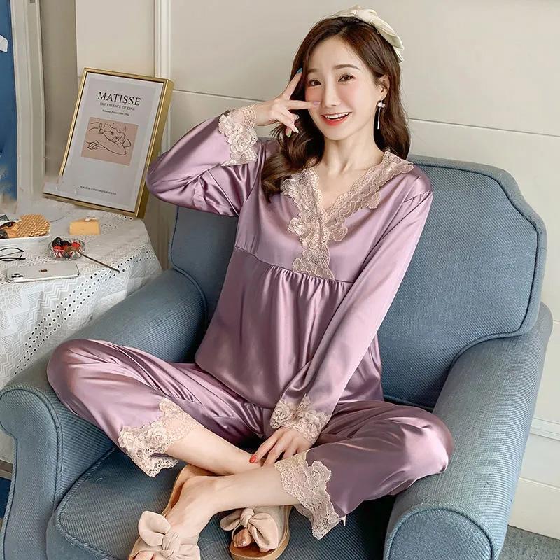 Women's Long Sleeve Silk Polyester Pajamas Spring Autumn Sexy Ladies Ice Silk Thin Lace Homewear Set Loose Breathable Pyjamas Solid Glossy Nightgowns