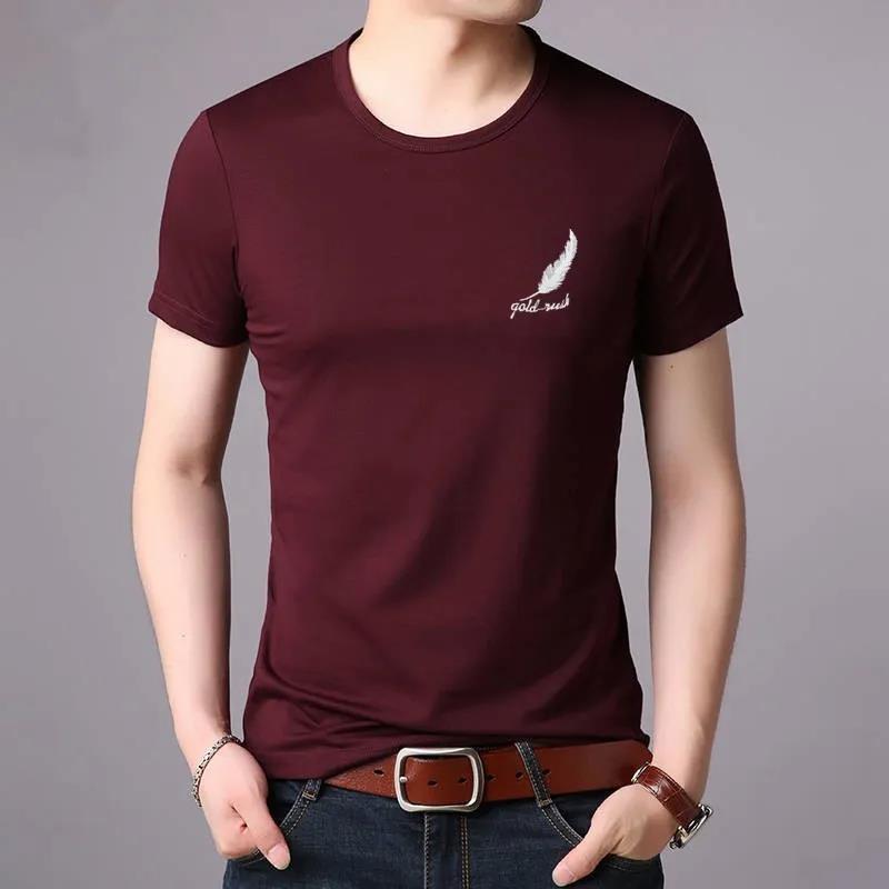Summer Short Sleeve T-shirt Feather Print Thin Shirt Fashion Elegant Slim O-Neck Tees Casual Business Pullover Men Clothing