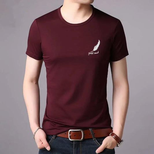 Summer Short Sleeve T-shirt Feather Print Thin Shirt Fashion Elegant Slim O-Neck Tees Casual Business Pullover Men Clothing