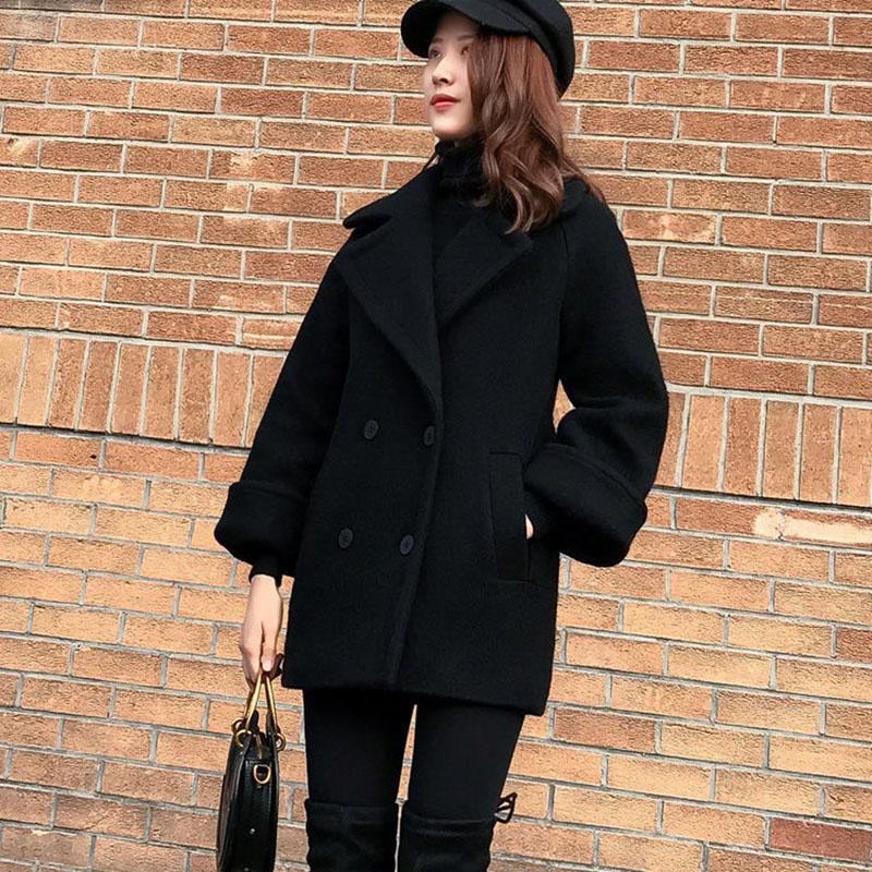 Loose Black Woolen Coat Mid-length Woolen Coat Autumn  Winter Thick Double-breasted Pea Coat