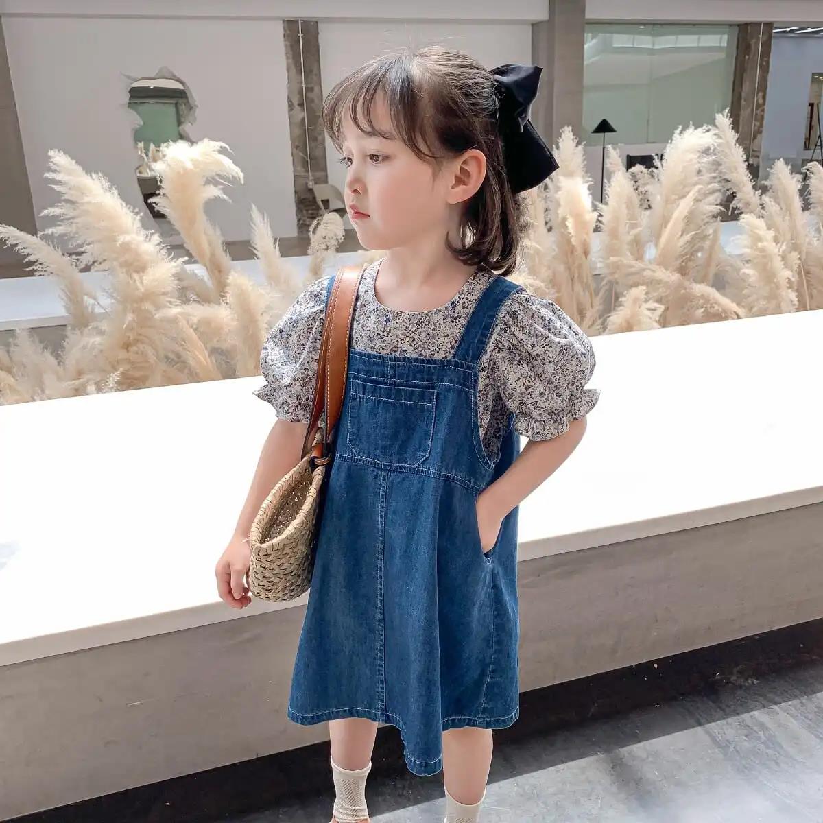 2PCS Children Clothing Set Spring Summer Girls Suits Floral Short Sleeve Tops + Denim Skirt Clothing Hin Strap Skirt Suit