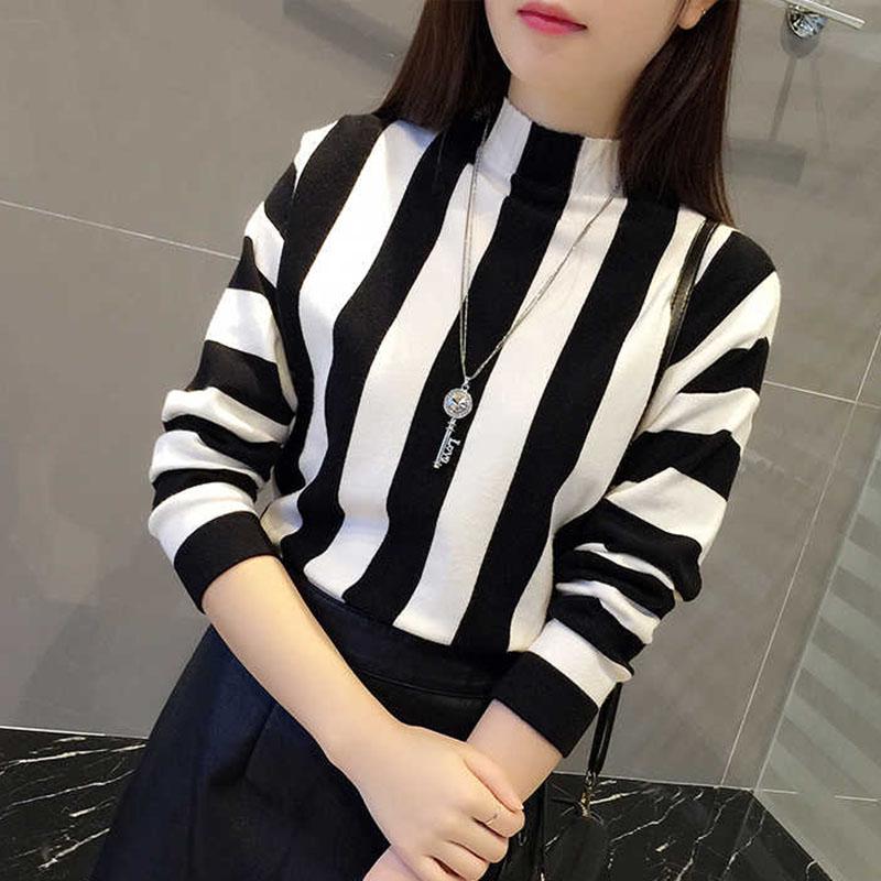 Rainbow Stripe Sweater Contrast Knitted Pullover Long Sleeve Turtleneck Knitwear Slim Women Jumper