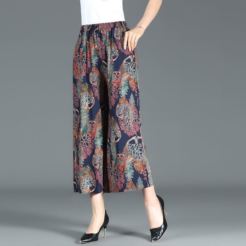 XL-4XL Spring High Waist Wide Leg Pants Summer Loose Large Size Thin Culottes Elastic Waist Printed Cropped Pants