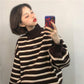 Striped knit jacket coat Thick color-matching turtleneck female student lazy wind loose pullover