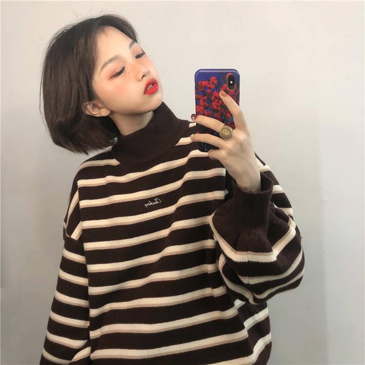 Striped knit jacket coat Thick color-matching turtleneck female student lazy wind loose pullover