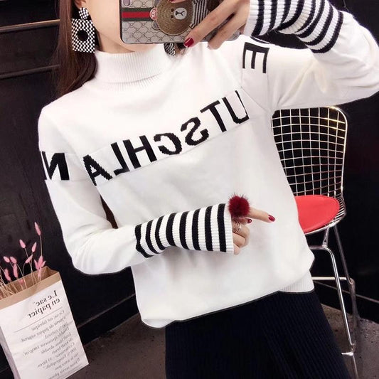 Women's Sweater Loose Pullover All-match Letter Striped Knitted Top