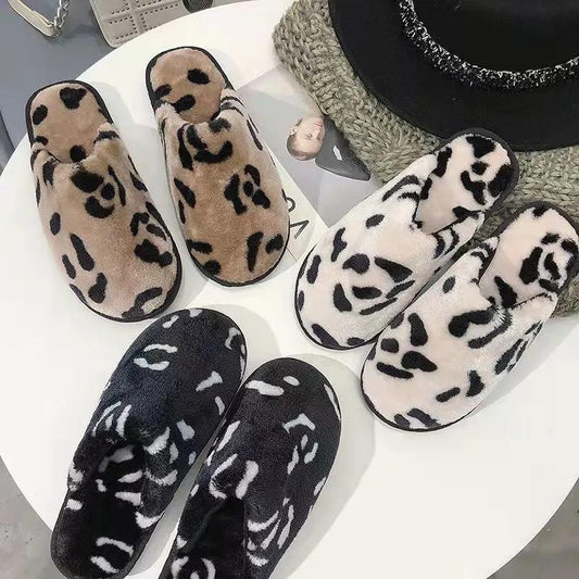 Autumn and Winter Cotton Slippers Cute Furry Cotton Slippers Leopard Print Cotton Slippers Women