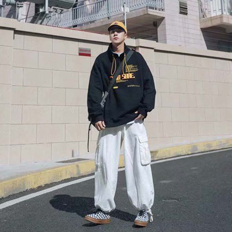 Sweater Men's Trend Spring and Autumn Half Zipper Drawstring Stand Collar Printing Casual Ins All-match Loose Jacket