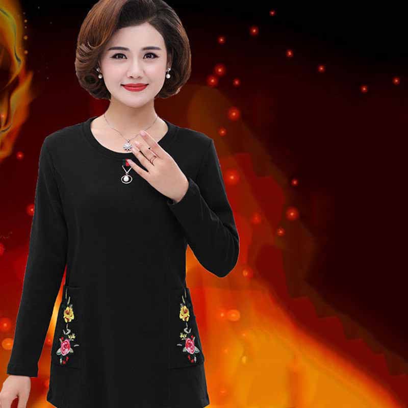 Women's Spring and Autumn Bottoming Shirt Long-sleeved Mothers Wear T-shirt Tops Small Shirts To Keep Warm and Fleece Autumn