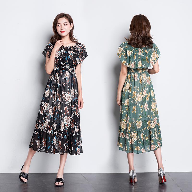 Fashion Boho Off Shoulder Floral Ruffle Hem Belted Summer Long Dress A Line Party Elegant Dresses