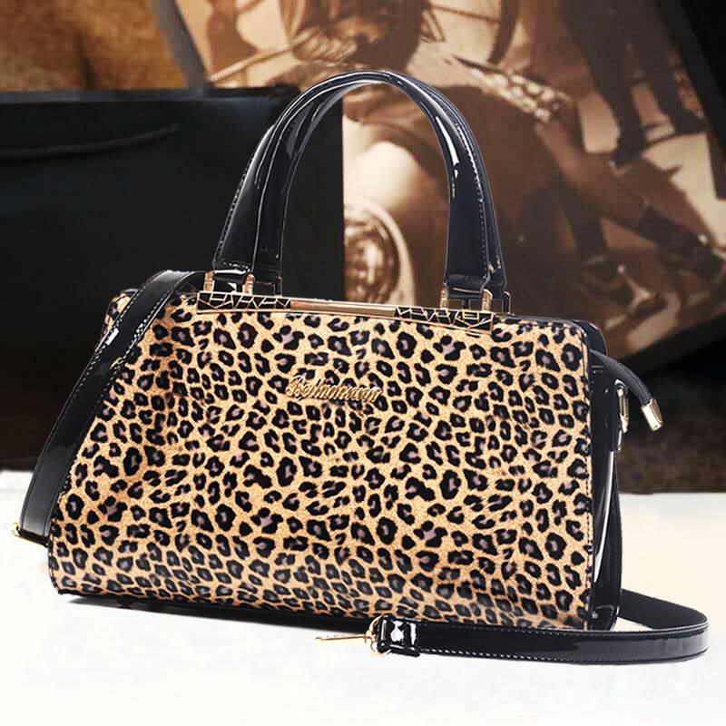 Womens Fashion Patent Leather Leopard Handbag Woman Messenger Bags Evening Shoulder Bags