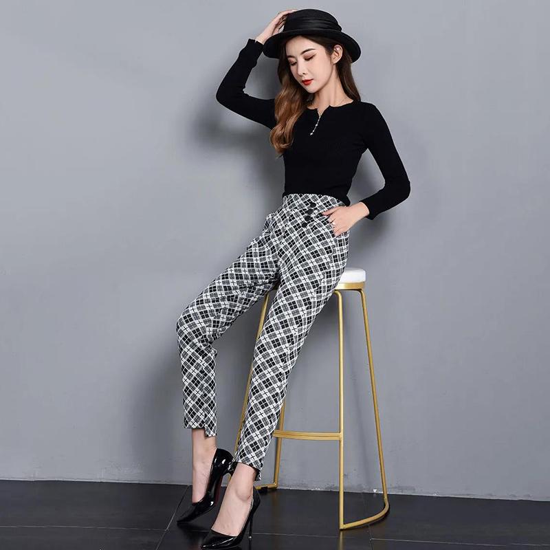 Spring and Summer Plaid Pants Korean Casual Pants Trousers Feet Harem Pants Women Are Thin Straight Loose Large Size Thin Section
