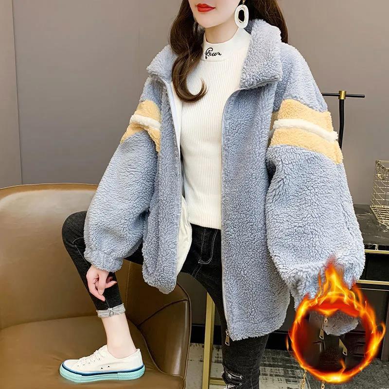 Winter Lamb Wool Coat Korean Loose Stitching Stand Collar Coat Women's Contrast Color Thickening Mid-length Warm Coat