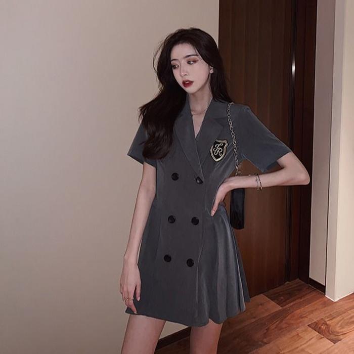 Women's Summer Dress Girls Short Sleeve Turn-down Collar Solid Color Knee-length Daily Wear Office Dating Party