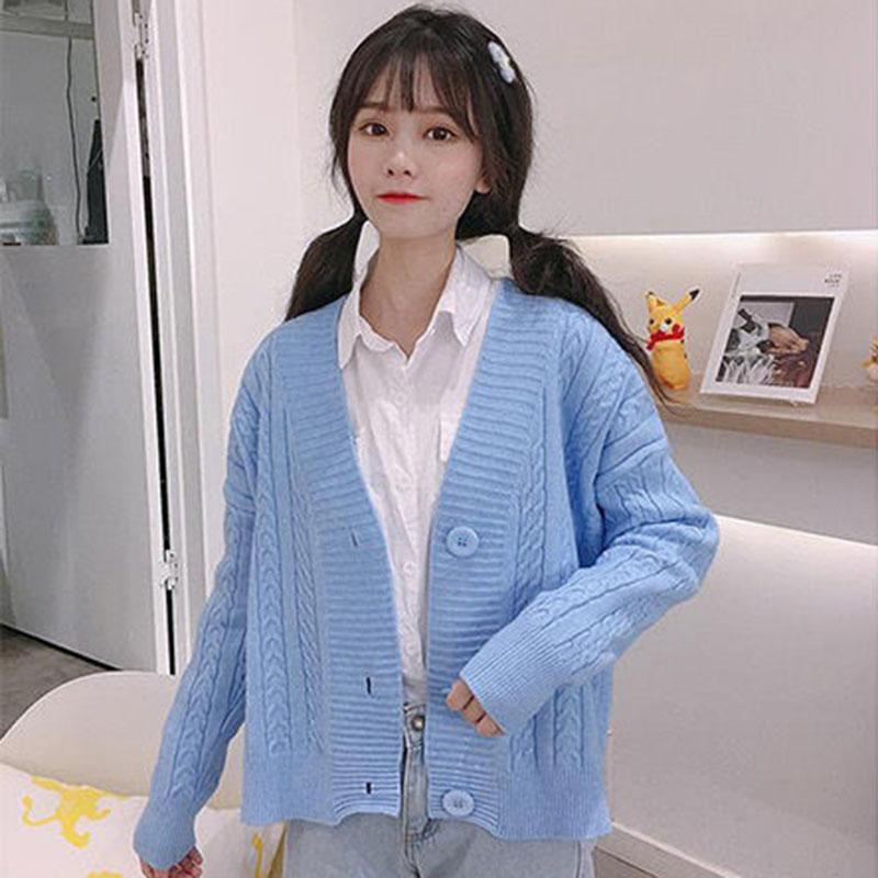 Spring and Autumn Knitted Loose Sweater All-match Long-sleeved Cardigan Sweater Fashion Solid Color Female Jacket