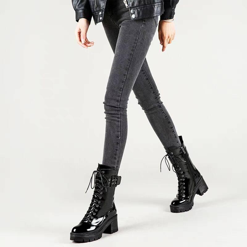Women Boots Martin High Ankle  Leather Boots High Platform Black Leather Lace Up Thick Bottom