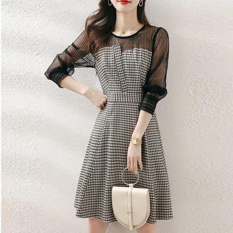 Dress Women's 2021 Spring and Autumn Waist Waist Slimming Plaid A-line Dress