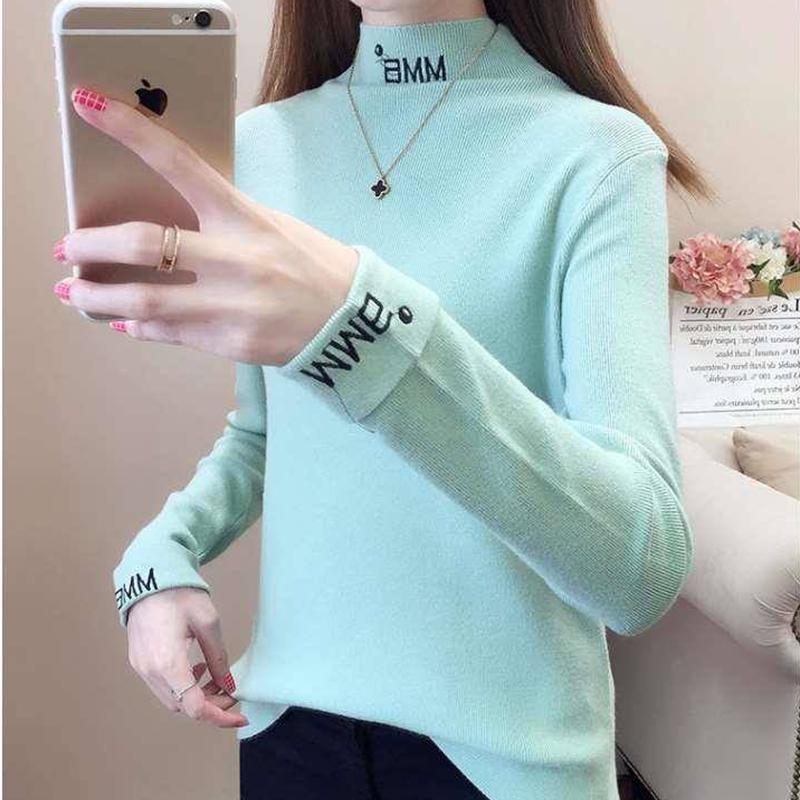 Women Letter embroidered pullover casual turtleneck Sweater long sleeve warm winter knitted jumper